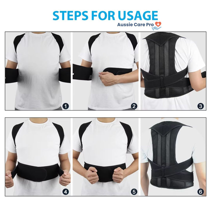 Unisex posture corrector brace in black and grey with adjustable straps, lightweight and discreet design for enhanced comfort