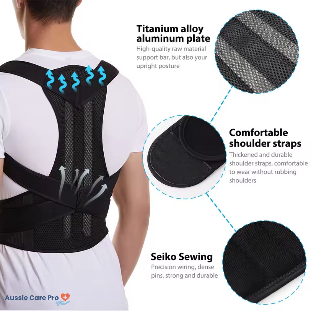 Unisex posture corrector brace in black and grey with adjustable straps, lightweight and discreet design for enhanced comfort