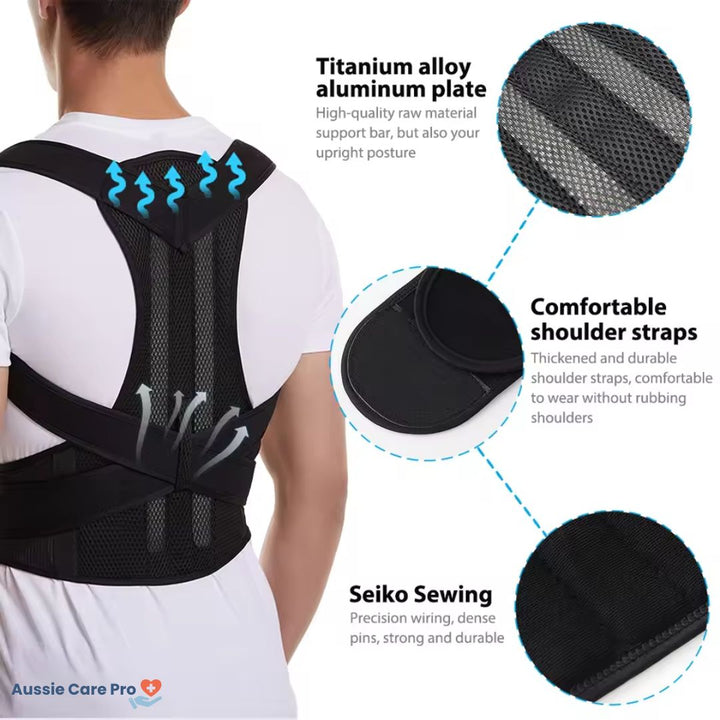 Unisex posture corrector brace in black and grey with adjustable straps, lightweight and discreet design for enhanced comfort