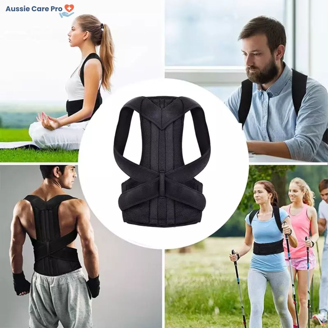 Unisex posture corrector brace in black and grey with adjustable straps, lightweight and discreet design for enhanced comfort