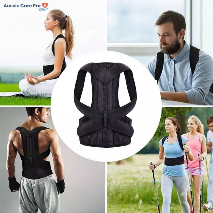 Unisex posture corrector brace in black and grey with adjustable straps, lightweight and discreet design for enhanced comfort