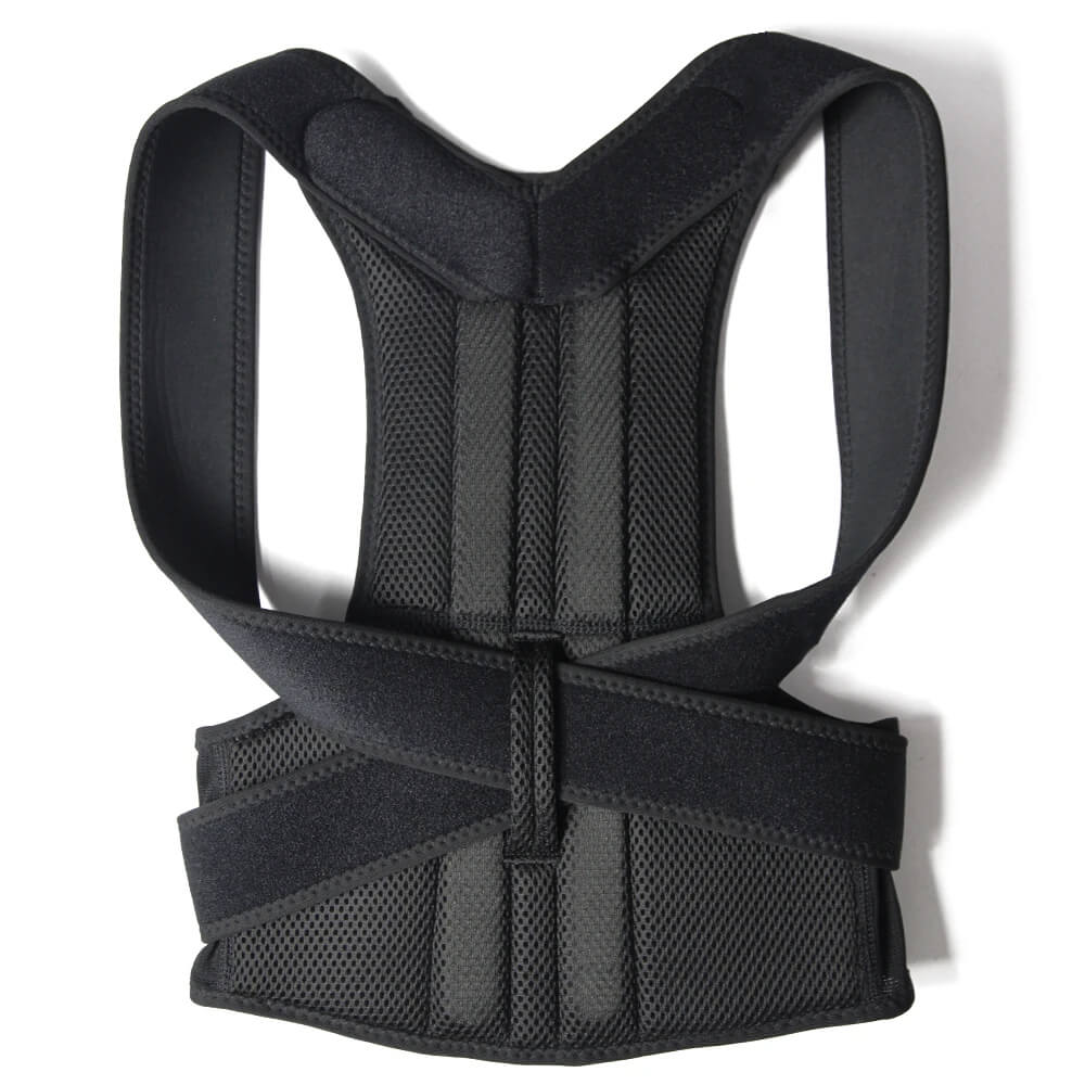 Unisex posture corrector brace in black and grey with adjustable straps, lightweight and discreet design for enhanced comfort