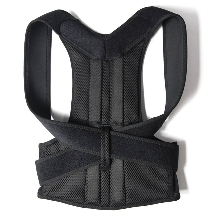 Unisex posture corrector brace in black and grey with adjustable straps, lightweight and discreet design for enhanced comfort