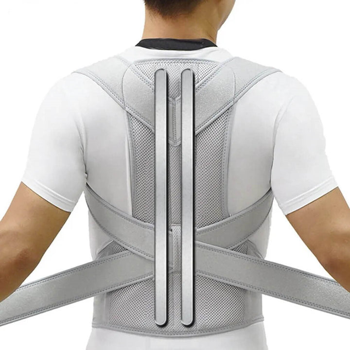 Unisex posture corrector brace in black and grey with adjustable straps, lightweight and discreet design for enhanced comfort