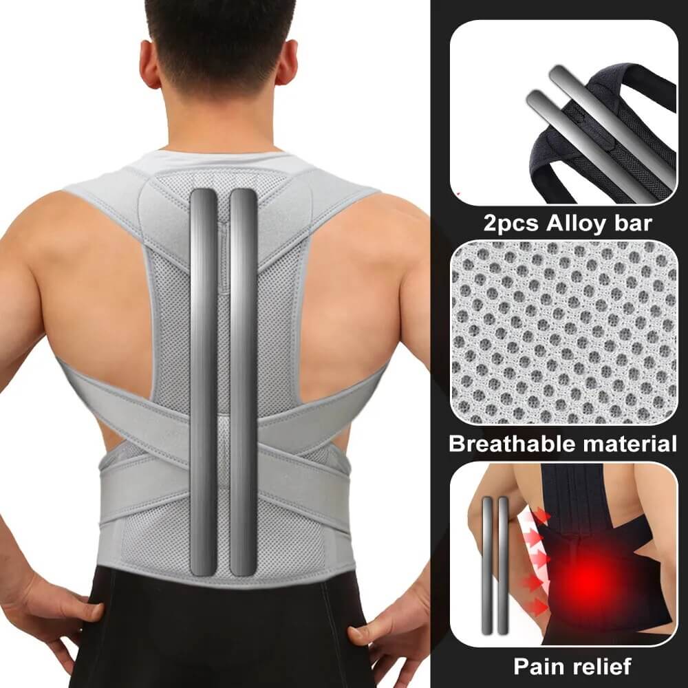 Unisex posture corrector brace in black and grey with adjustable straps, lightweight and discreet design for enhanced comfort