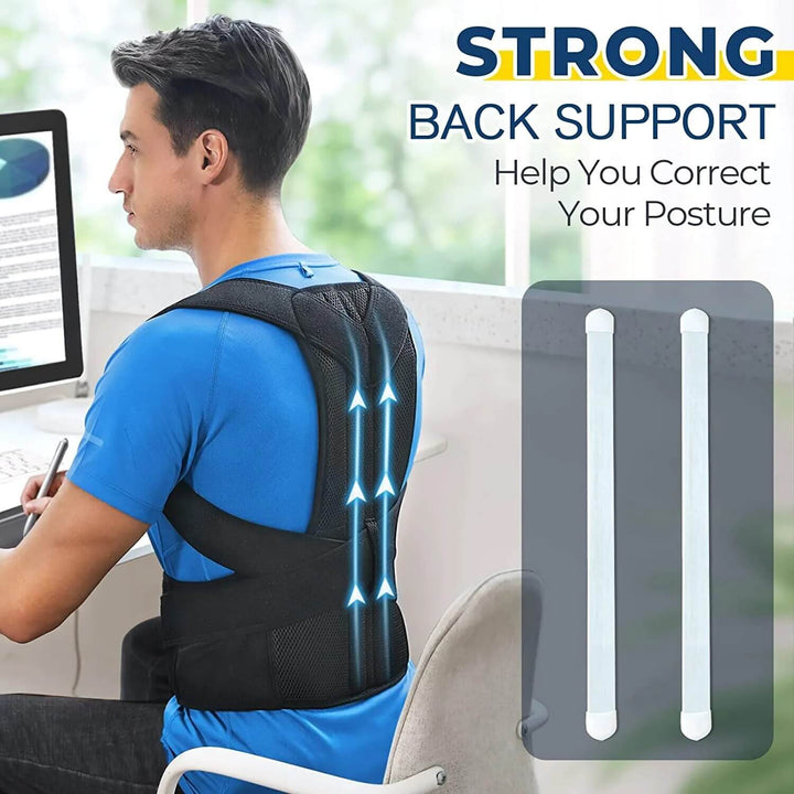Unisex posture corrector brace in black and grey with adjustable straps, lightweight and discreet design for enhanced comfort