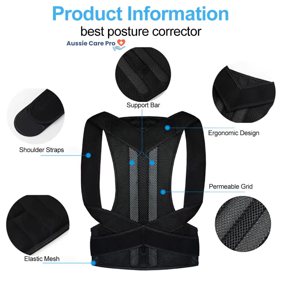 Unisex posture corrector brace in black and grey with adjustable straps, lightweight and discreet design for enhanced comfort