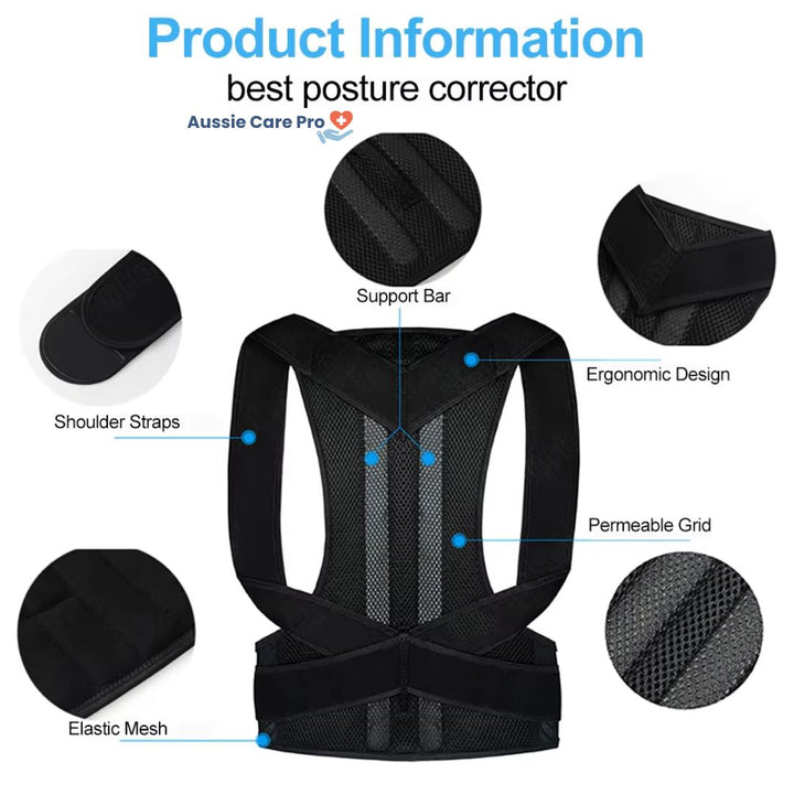 Unisex posture corrector brace in black and grey with adjustable straps, lightweight and discreet design for enhanced comfort