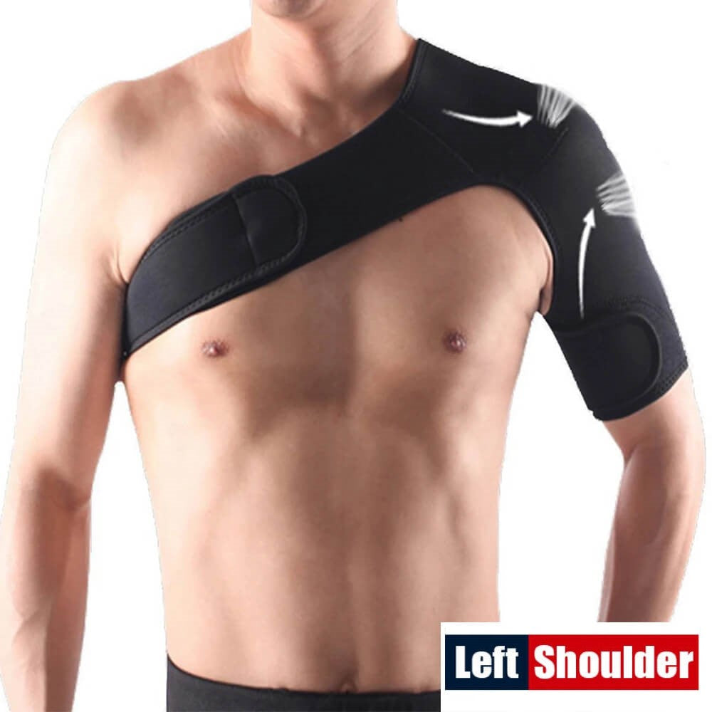 "Unisex shoulder support brace, black and lightweight, for pain relief and stability, fits left or right shoulder."
