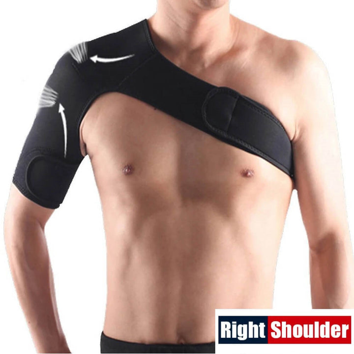 "Unisex shoulder support brace, black and lightweight, for pain relief and stability, fits left or right shoulder."