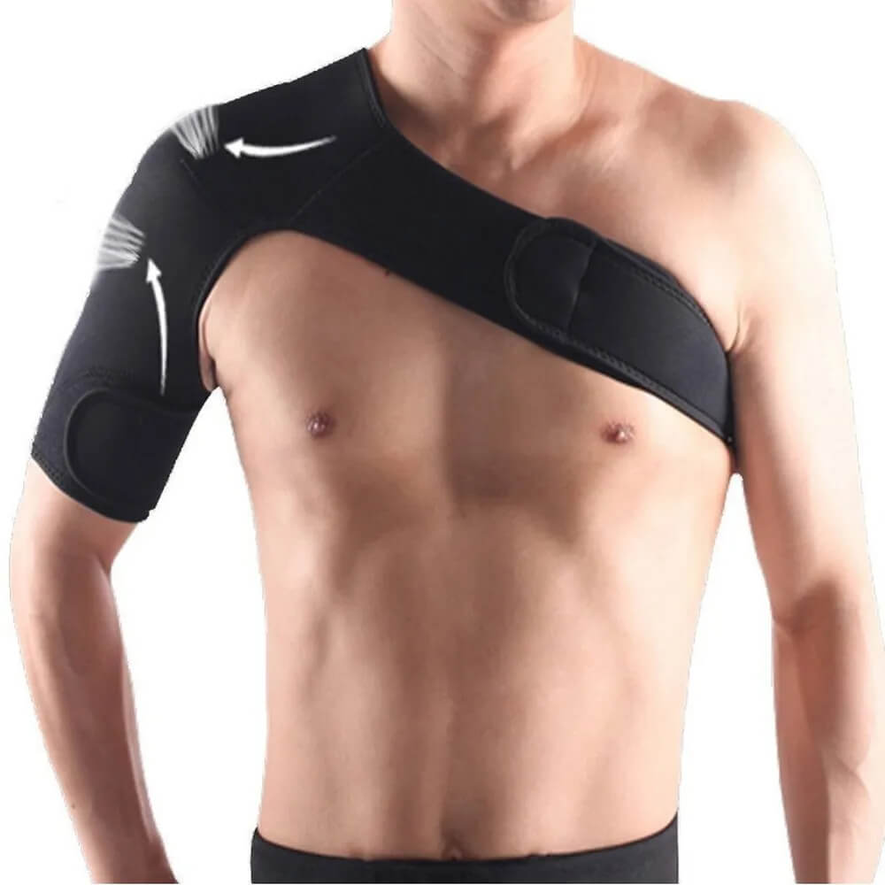 "Unisex shoulder support brace, black and lightweight, for pain relief and stability, fits left or right shoulder."