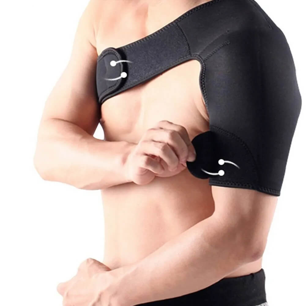 "Unisex shoulder support brace, black and lightweight, for pain relief and stability, fits left or right shoulder."