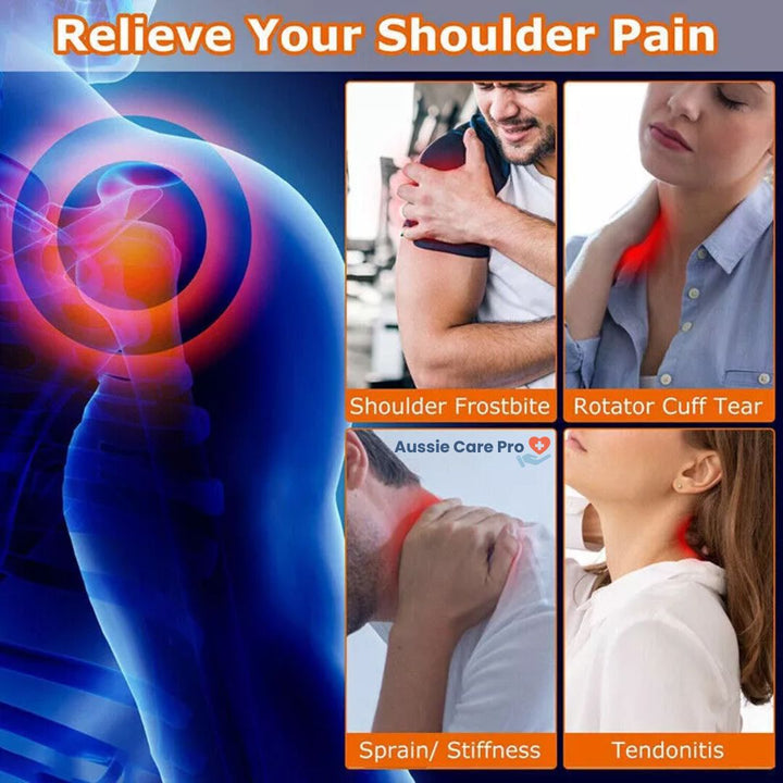 "Unisex shoulder support brace, black and lightweight, for pain relief and stability, fits left or right shoulder."