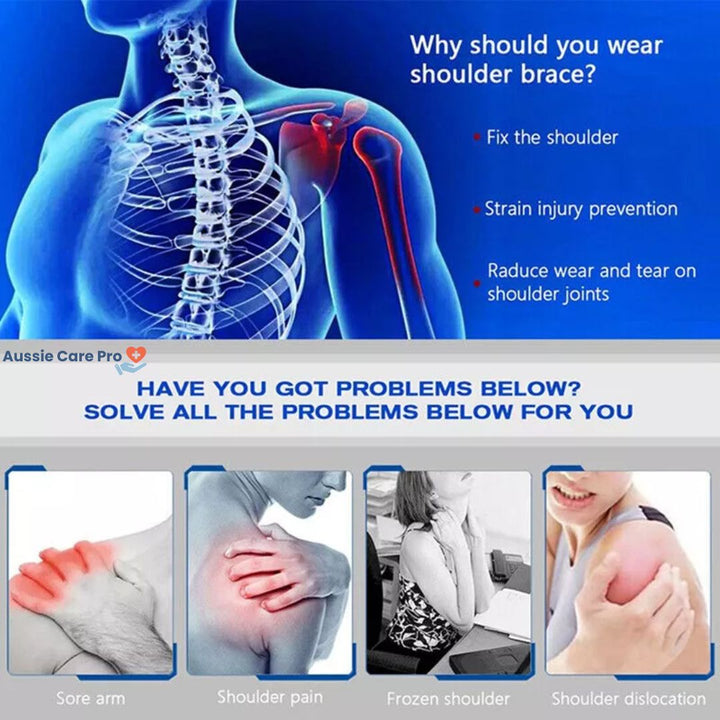 "Unisex shoulder support brace, black and lightweight, for pain relief and stability, fits left or right shoulder."