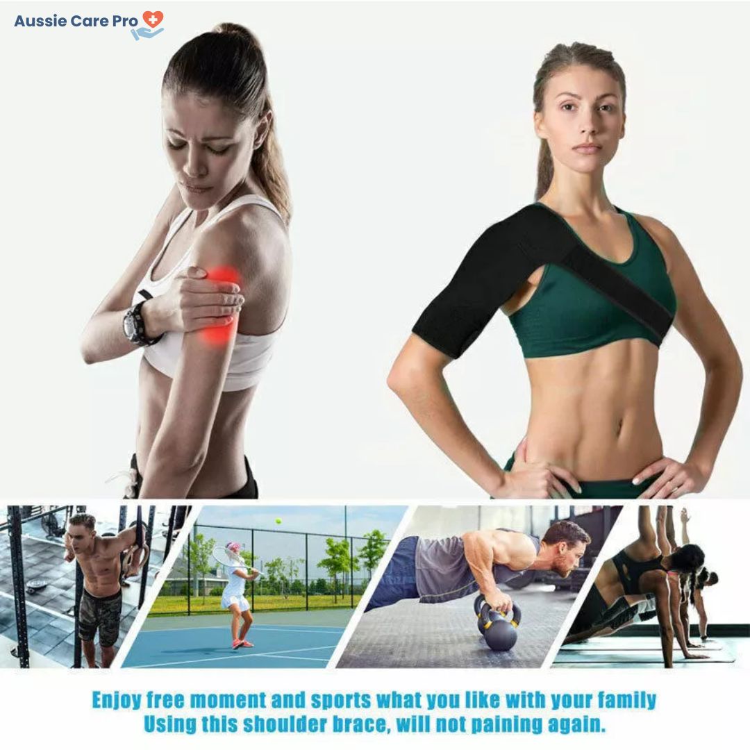 "Unisex shoulder support brace, black and lightweight, for pain relief and stability, fits left or right shoulder."