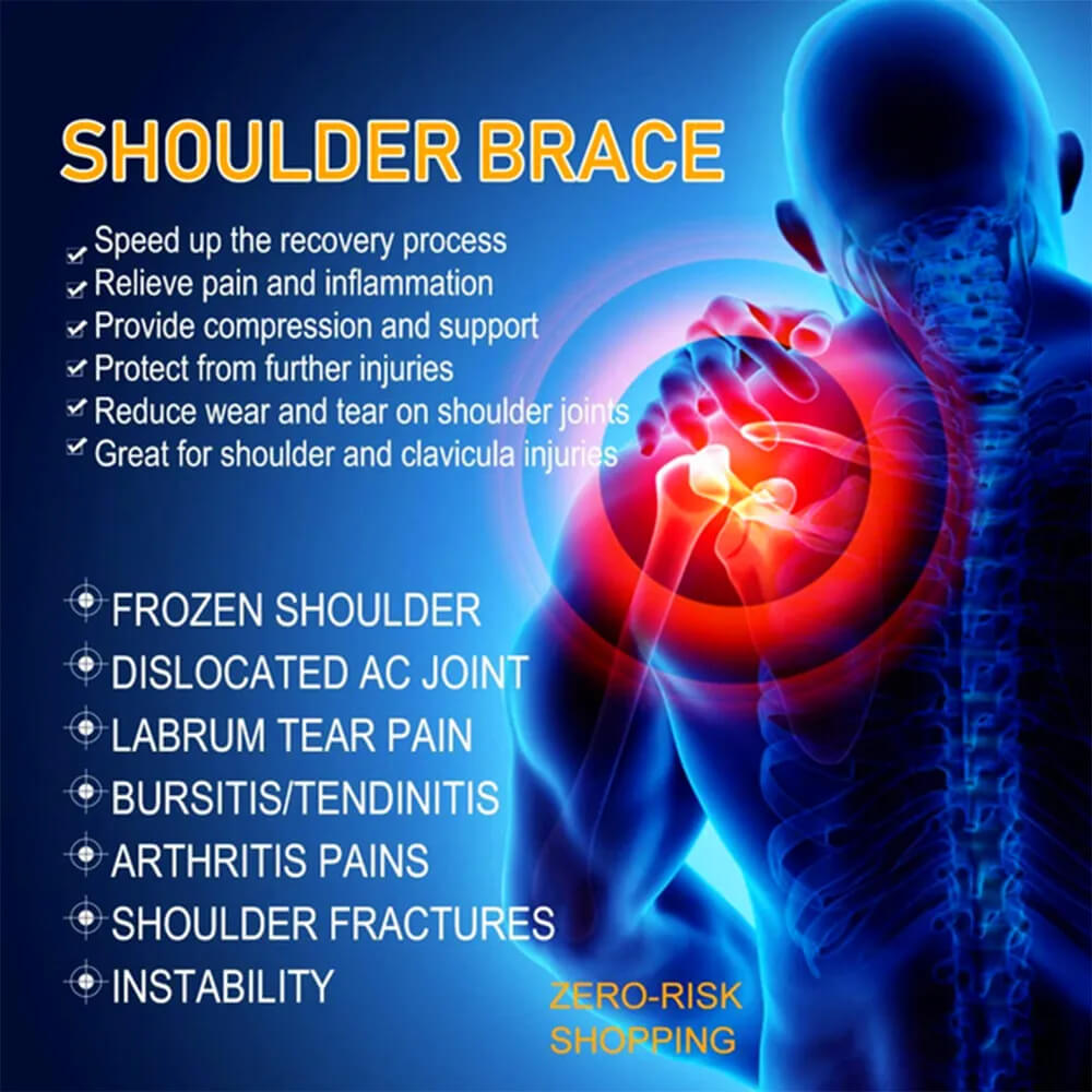 "Unisex shoulder support brace, black and lightweight, for pain relief and stability, fits left or right shoulder."