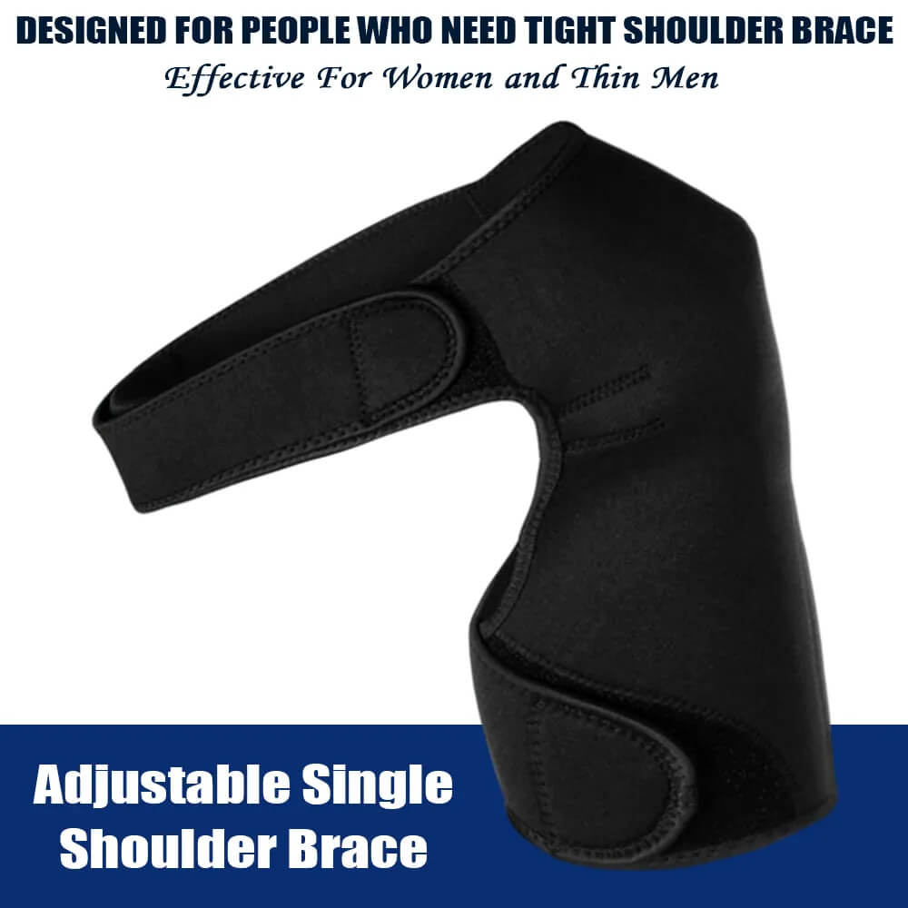 "Unisex shoulder support brace, black and lightweight, for pain relief and stability, fits left or right shoulder."