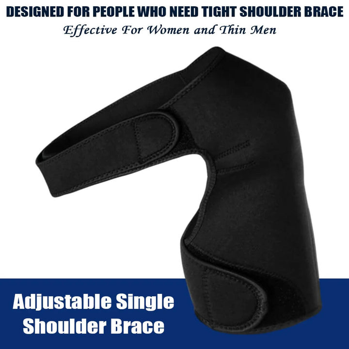 "Unisex shoulder support brace, black and lightweight, for pain relief and stability, fits left or right shoulder."