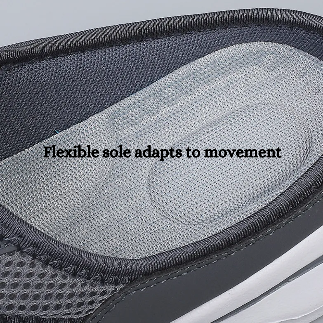 Unisex slip-on sports shoes with breathable mesh, cushioned insole, and sleek design in grey, black, blue, and brown.