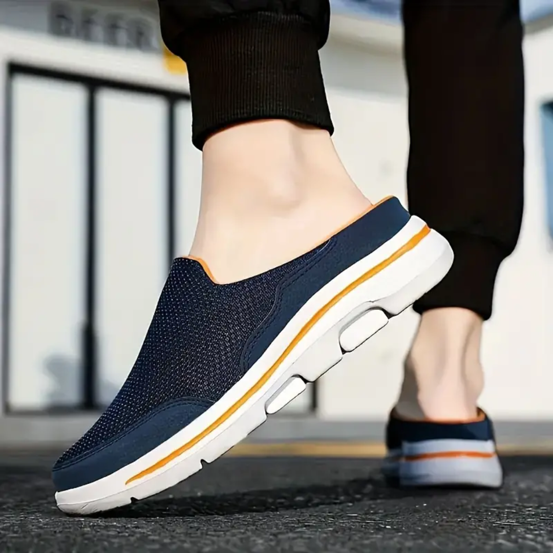 Unisex slip-on sports shoes with breathable mesh, cushioned insole, and sleek design in grey, black, blue, and brown.