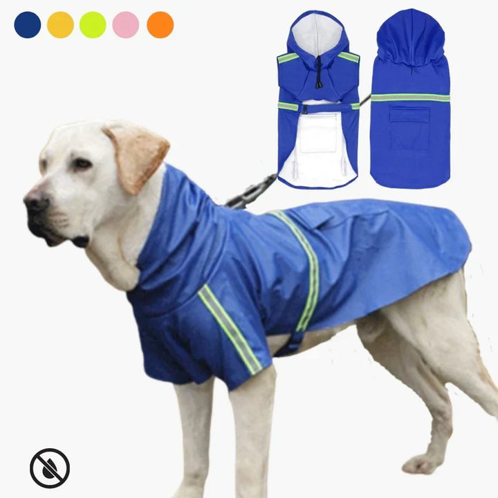 "Unisex waterproof dog jacket with hood and reflective stripes, ideal for rain and wind protection, adjustable fit."