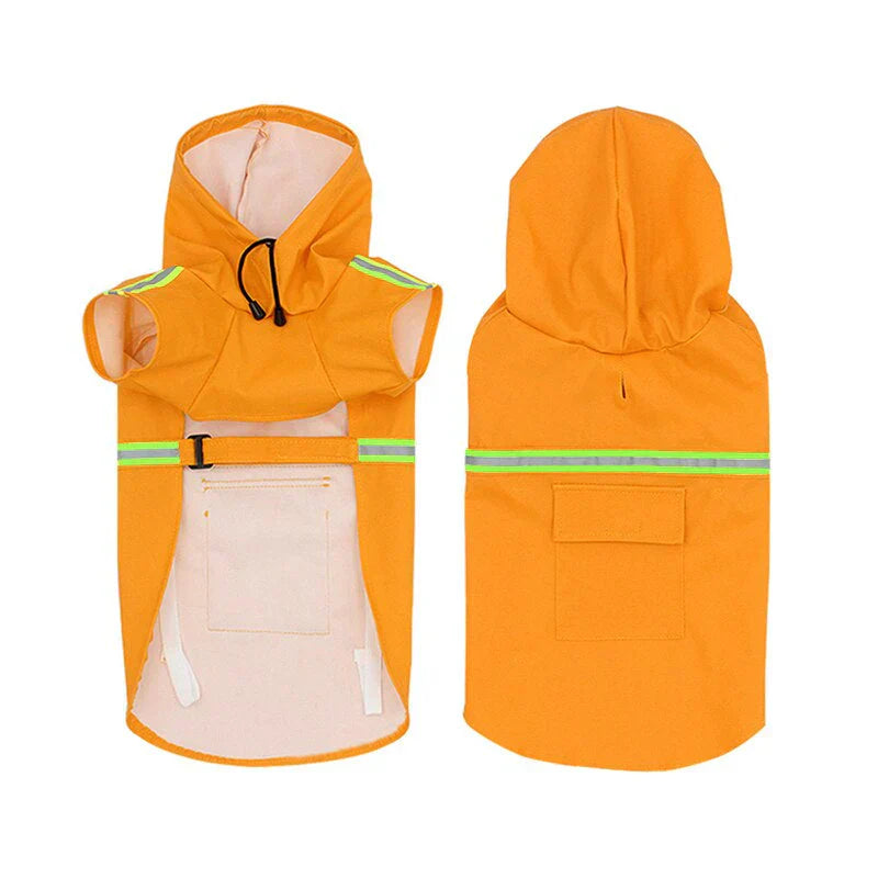 "Unisex waterproof dog jacket with hood and reflective stripes, ideal for rain and wind protection, adjustable fit."