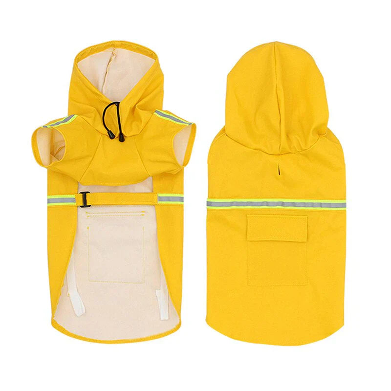 "Unisex waterproof dog jacket with hood and reflective stripes, ideal for rain and wind protection, adjustable fit."