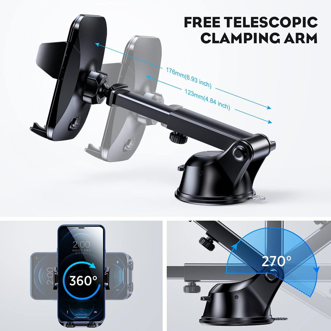 Universal 3-in-1 wireless car charger with phone mount, sleek design, fast charging, smart sensor, air vent and dashboard mou