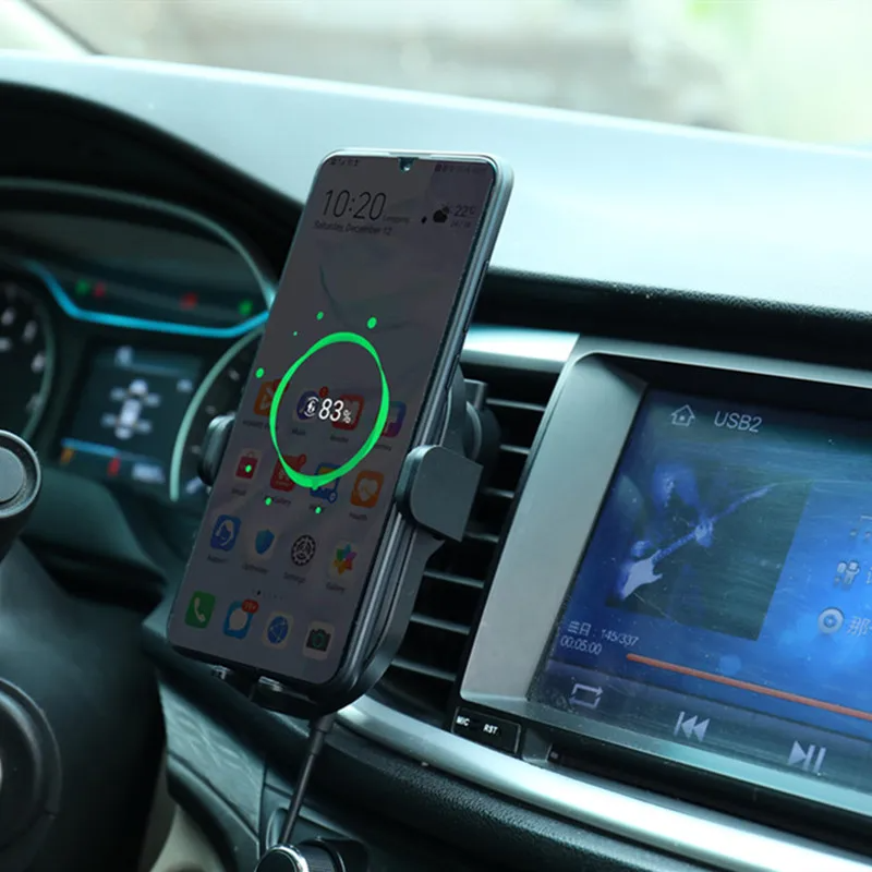 Universal 3-in-1 wireless car charger with phone mount, sleek design, fast charging, smart sensor, air vent and dashboard mou
