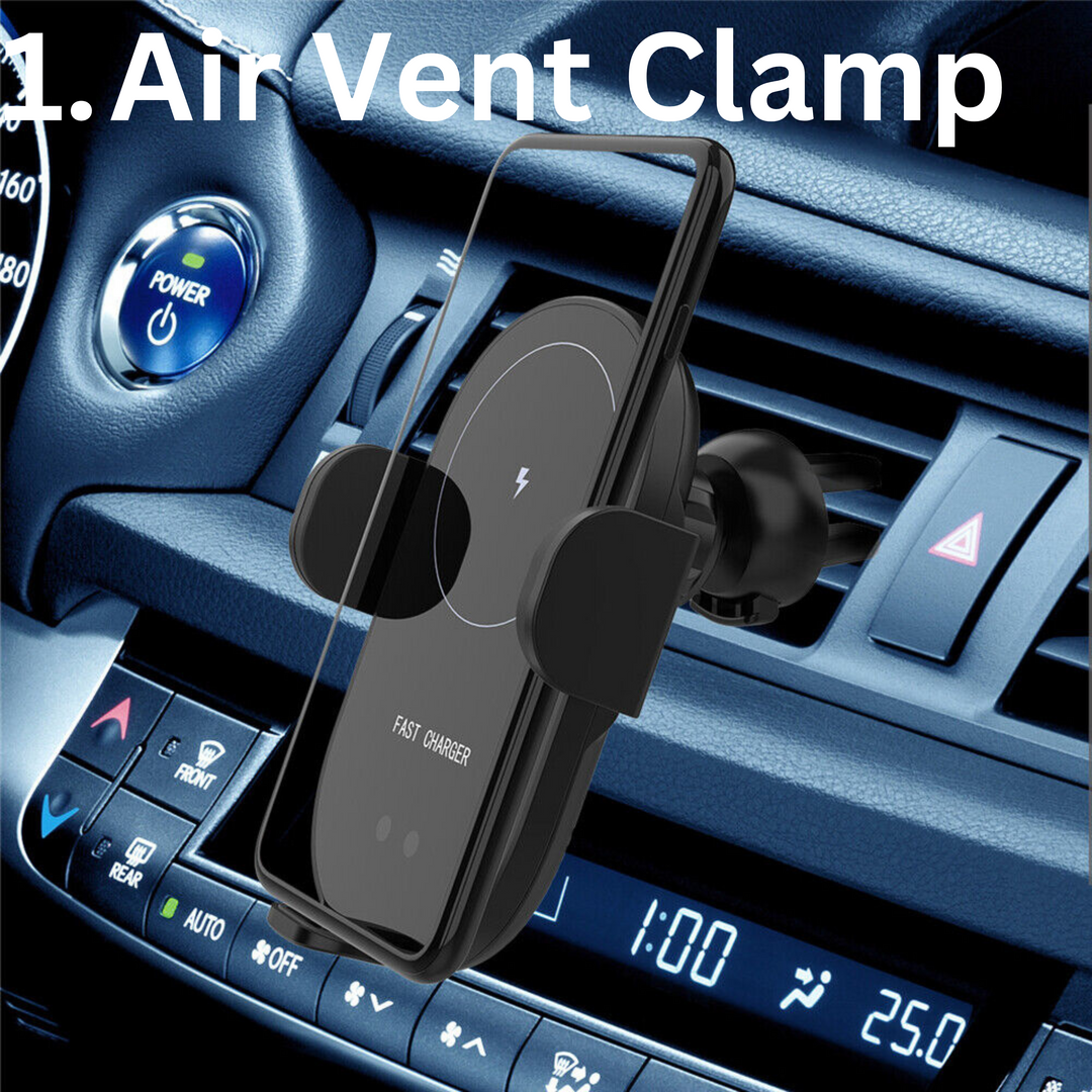 Universal 3-in-1 wireless car charger with phone mount, sleek design, fast charging, smart sensor, air vent and dashboard mou