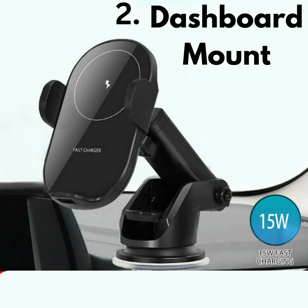 Universal 3-in-1 wireless car charger with phone mount, sleek design, fast charging, smart sensor, air vent and dashboard mou
