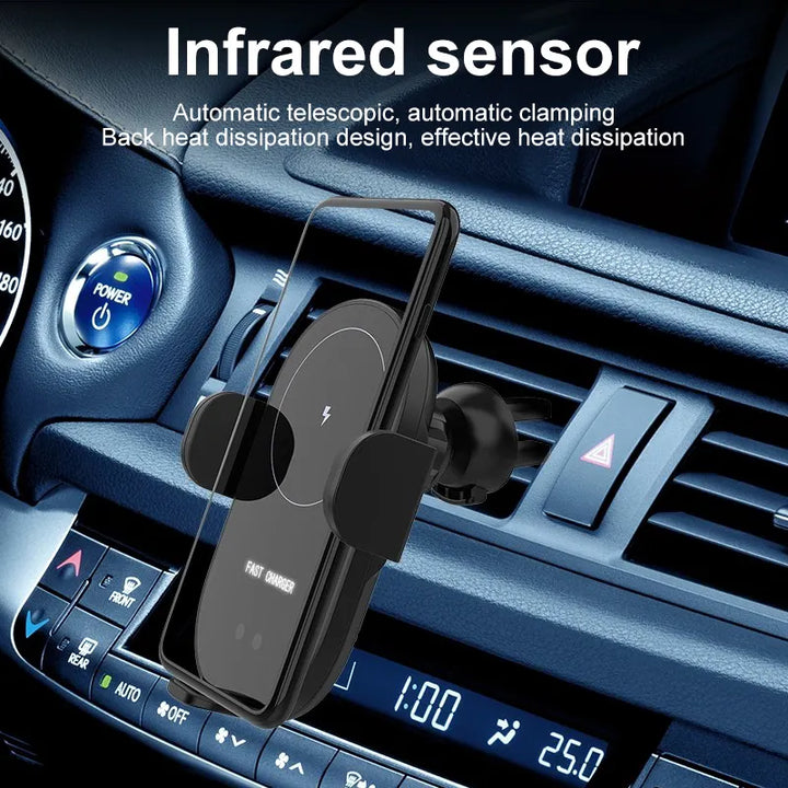 Universal 3-in-1 wireless car charger with phone mount, sleek design, fast charging, smart sensor, air vent and dashboard mou
