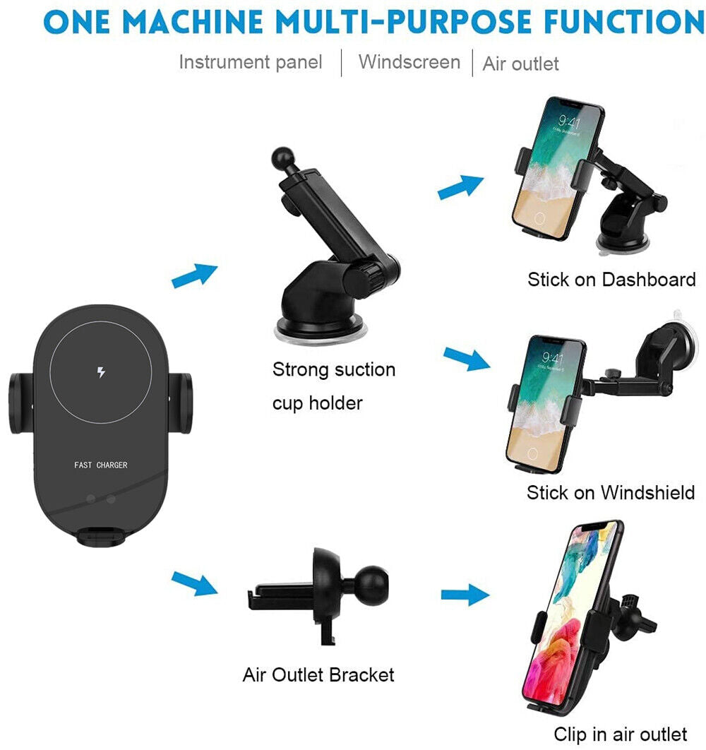 Universal 3-in-1 wireless car charger with phone mount, sleek design, fast charging, smart sensor, air vent and dashboard mou