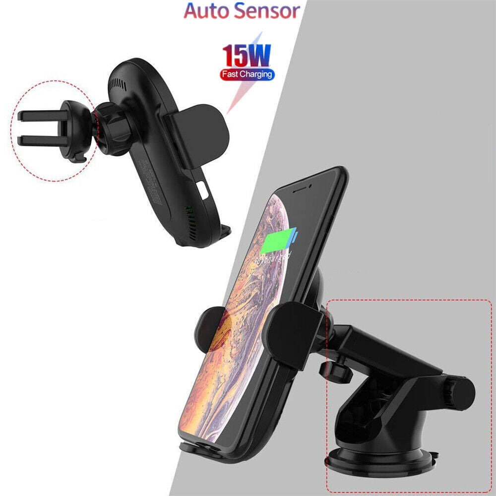 Universal 3-in-1 wireless car charger with phone mount, sleek design, fast charging, smart sensor, air vent and dashboard mou