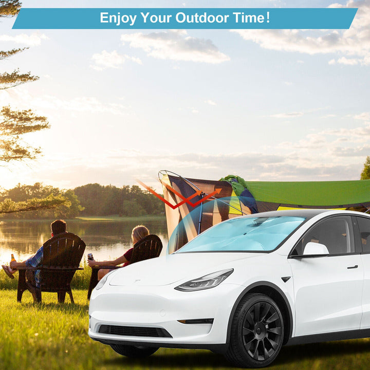 "Universal fit car windshield sun shade umbrella, reflective material, blocks UV rays, keeps car interior cool and protected.