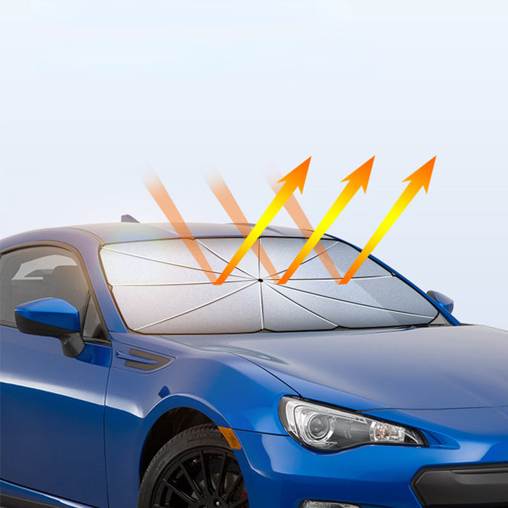 "Universal fit car windshield sun shade umbrella, reflective material, blocks UV rays, keeps car interior cool and protected.