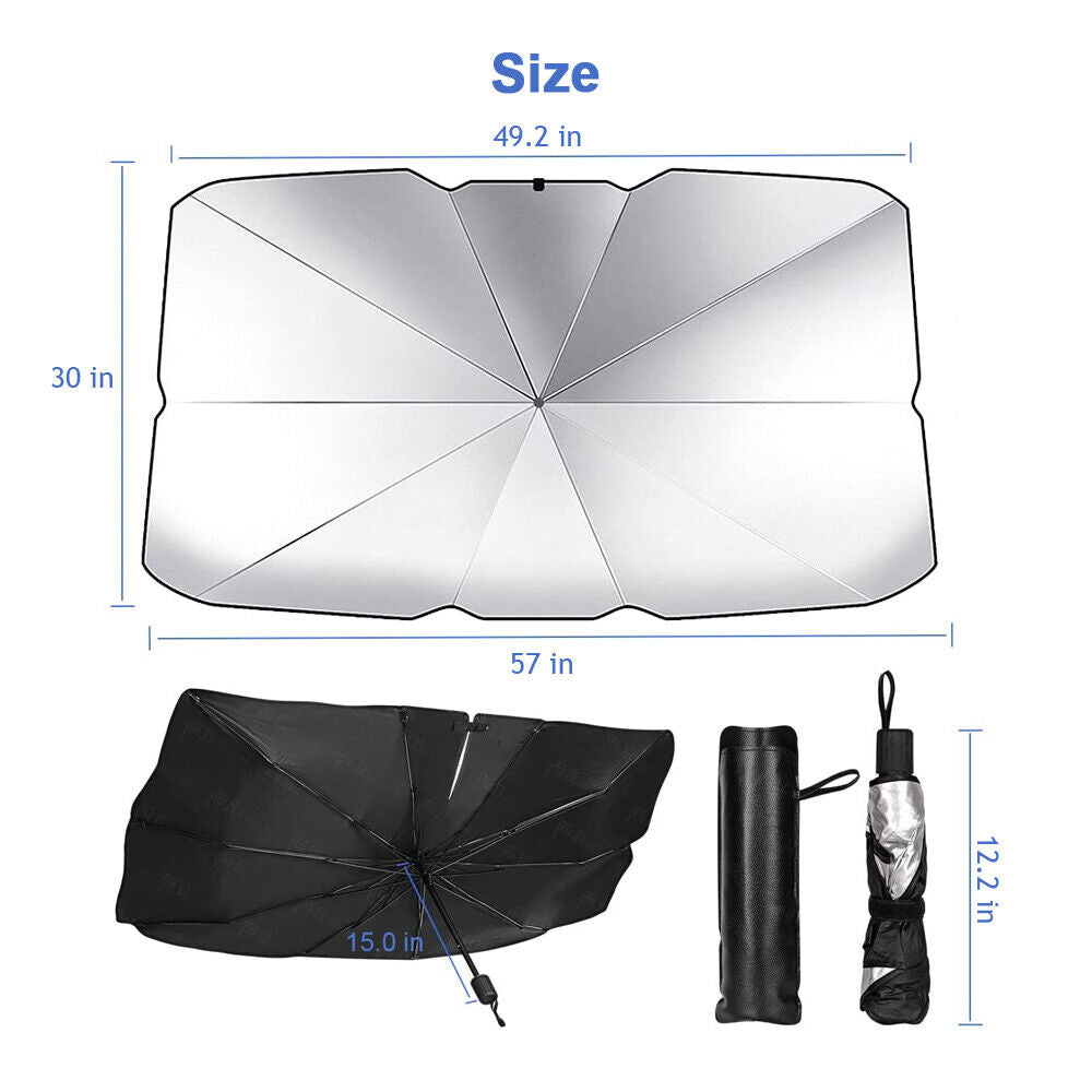 "Universal fit car windshield sun shade umbrella, reflective material, blocks UV rays, keeps car interior cool and protected.