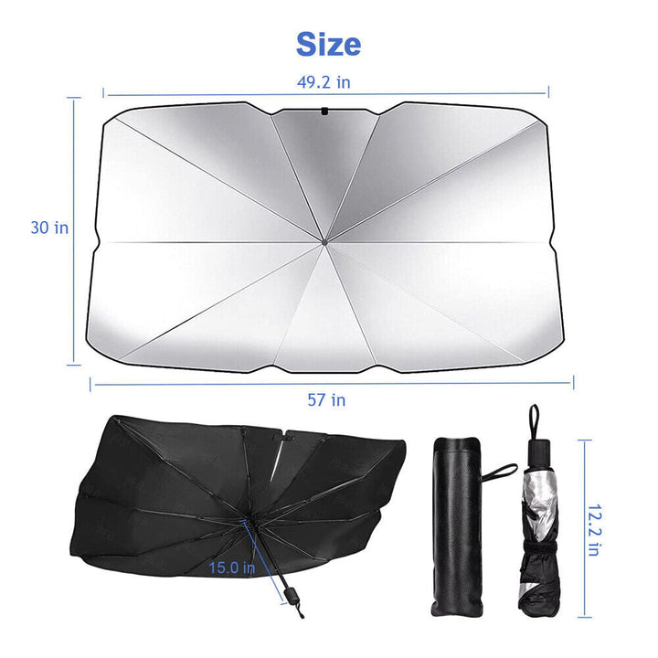 "Universal fit car windshield sun shade umbrella, reflective material, blocks UV rays, keeps car interior cool and protected.