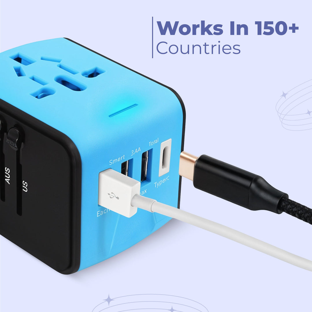 "Universal travel adapter, compact black design, with USB ports and global plug compatibility for 150+ countries."