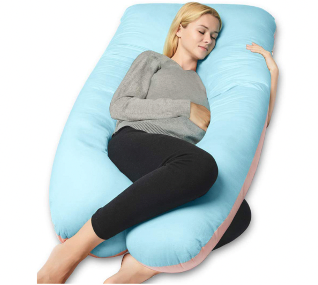 U-shaped full body pillow for pain relief, shown in grey, offers comfort for side sleepers and pregnancy support in Australia