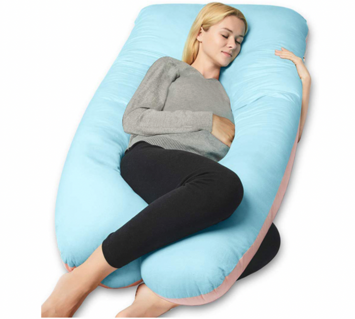U-shaped full body pillow for pain relief, shown in grey, offers comfort for side sleepers and pregnancy support in Australia