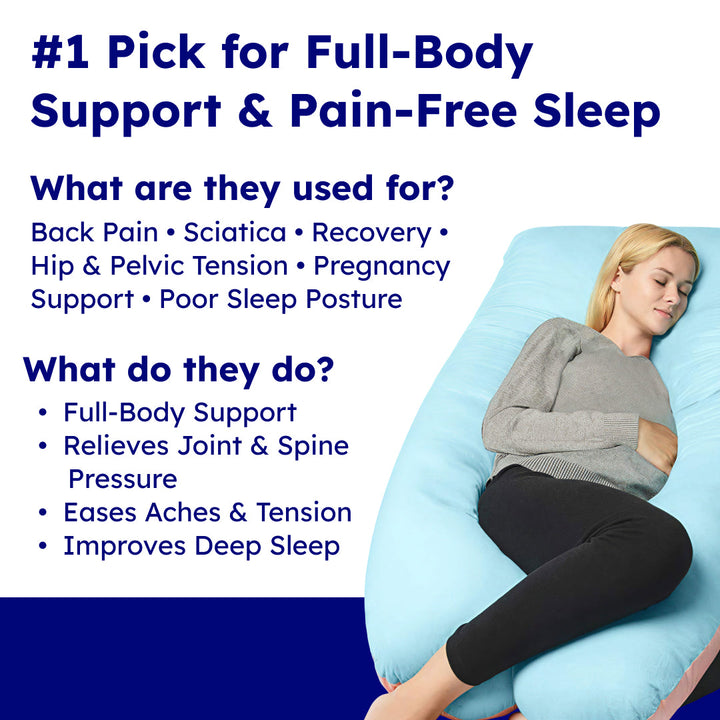 U-shaped full body pillow for pain relief, shown in grey, offers comfort for side sleepers and pregnancy support in Australia