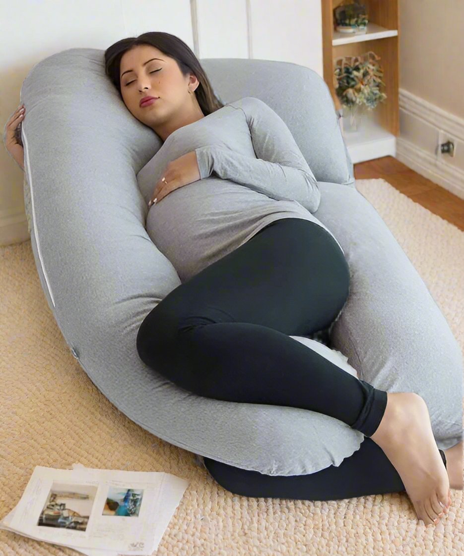 U-shaped full body pillow for pain relief, shown in grey, offers comfort for side sleepers and pregnancy support in Australia