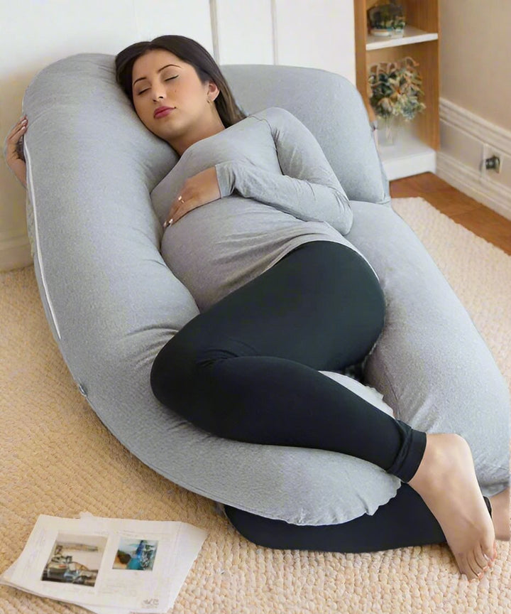 U-shaped full body pillow for pain relief, shown in grey, offers comfort for side sleepers and pregnancy support in Australia