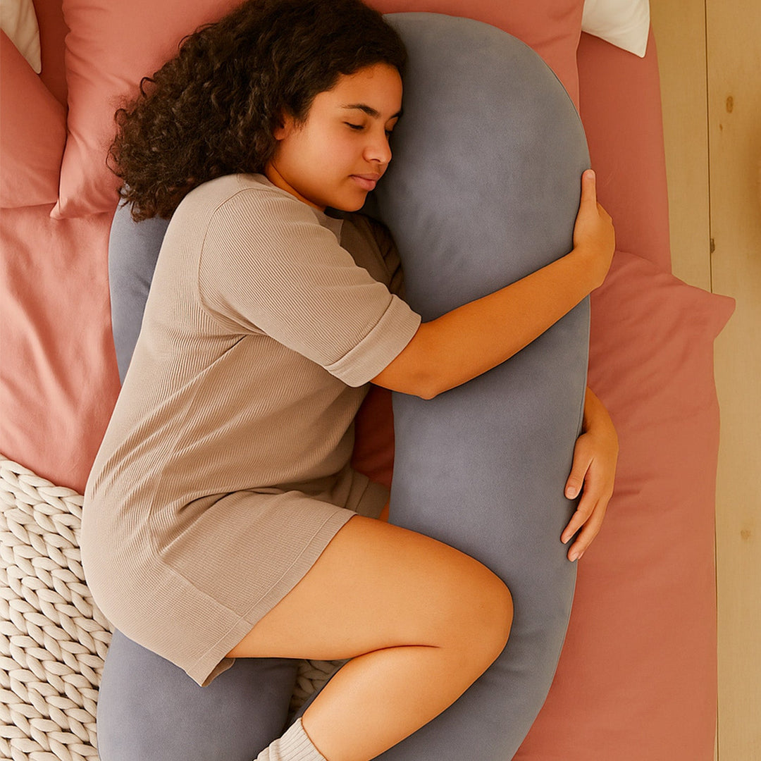 U-shaped full body pillow for pain relief, shown in grey, offers comfort for side sleepers and pregnancy support in Australia