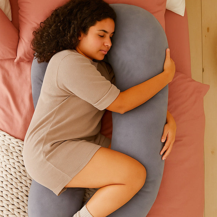 U-shaped full body pillow for pain relief, shown in grey, offers comfort for side sleepers and pregnancy support in Australia