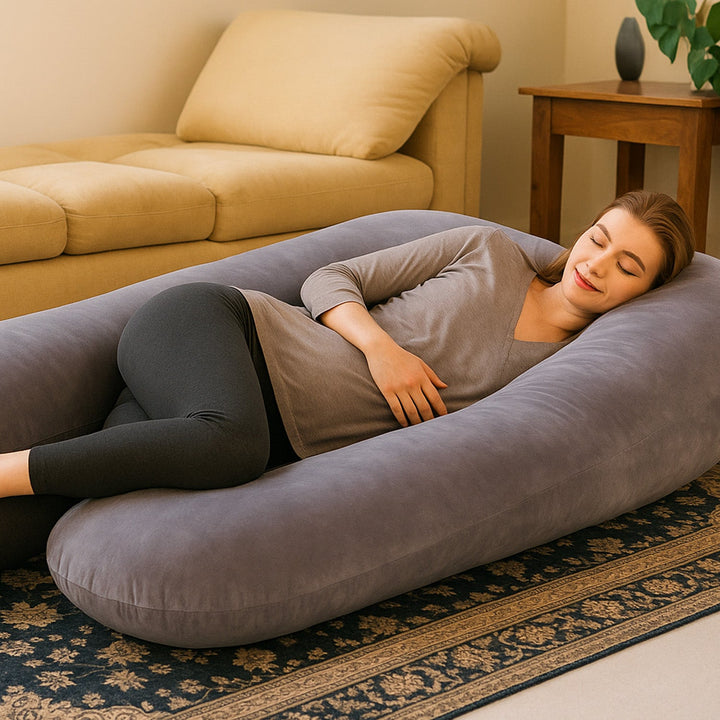 U-shaped full body pillow for pain relief, shown in grey, offers comfort for side sleepers and pregnancy support in Australia
