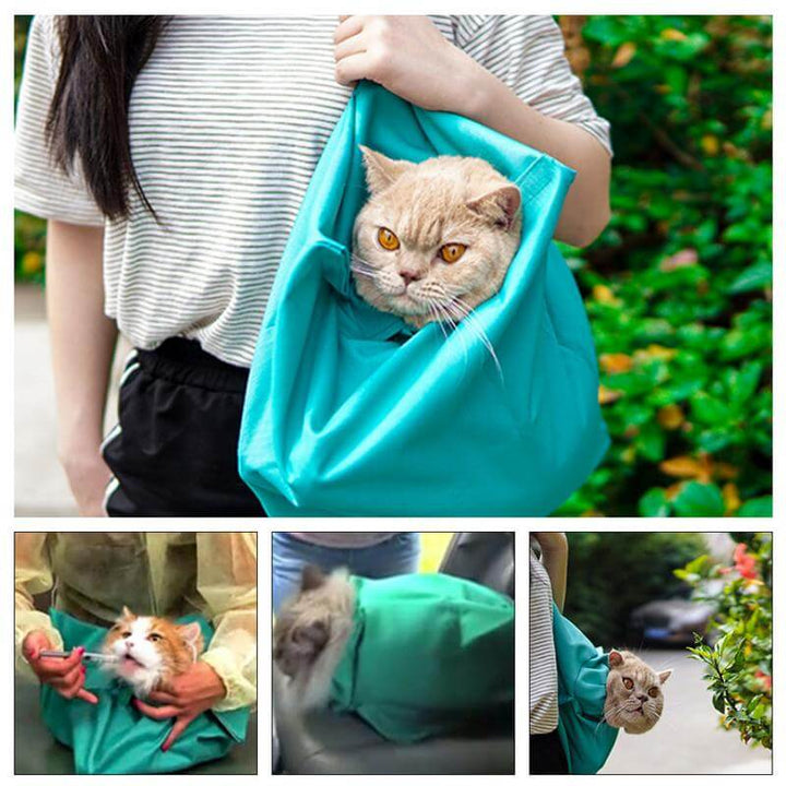 "Versatile cat carrier with shoulder strap, ergonomic design, breathable fabric, perfect for all cat breeds, easy transport."