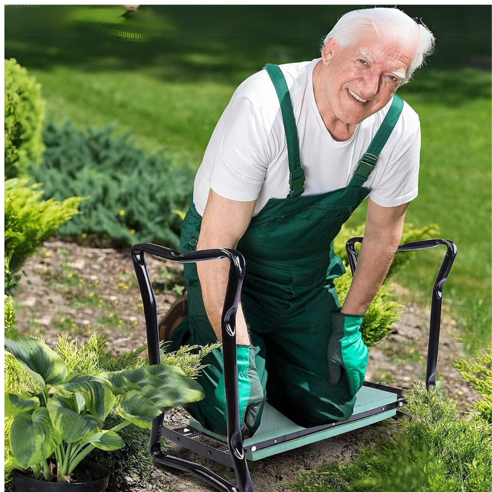 Versatile garden seat and kneeler with green padded foam, steel frame, and side pockets, ideal for gardening comfort.