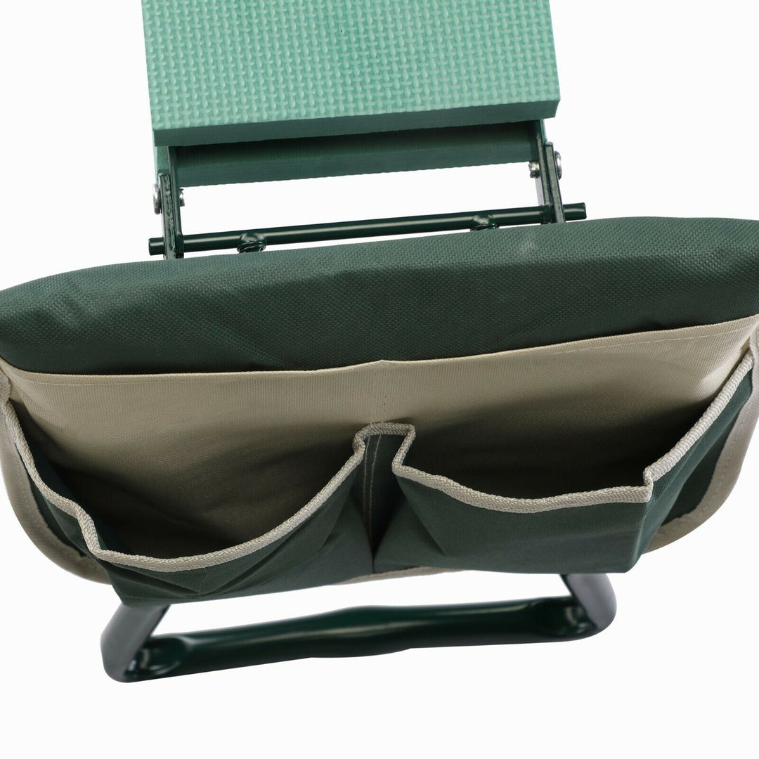 Versatile garden seat and kneeler with green padded foam, steel frame, and side pockets, ideal for gardening comfort.